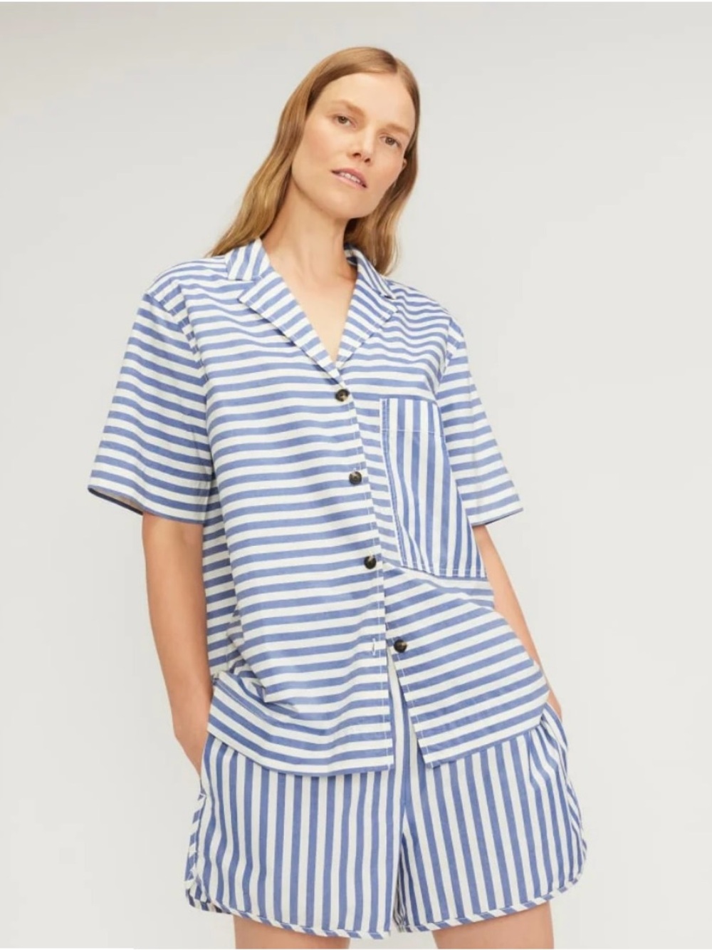 Everlane The Poplin striped cotton button down short sleeve shirt